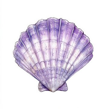 Beautiful purple scallop shell resting against a white background showcasing its unique texture and color variations