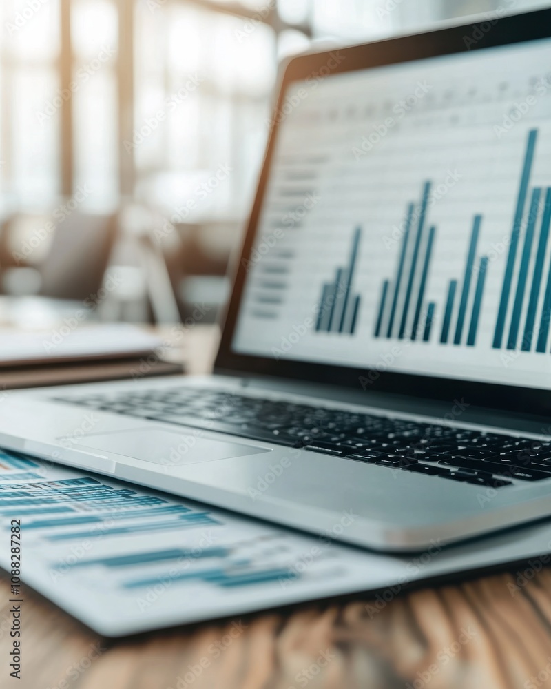 Poster a modern laptop displaying financial graphs on a wooden desk, highlighting data analysis and product