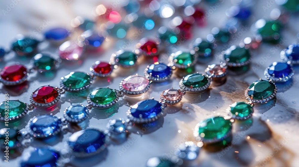 Poster a close-up view of colorful gemstones arranged in a beautiful pattern, showcasing various shapes and