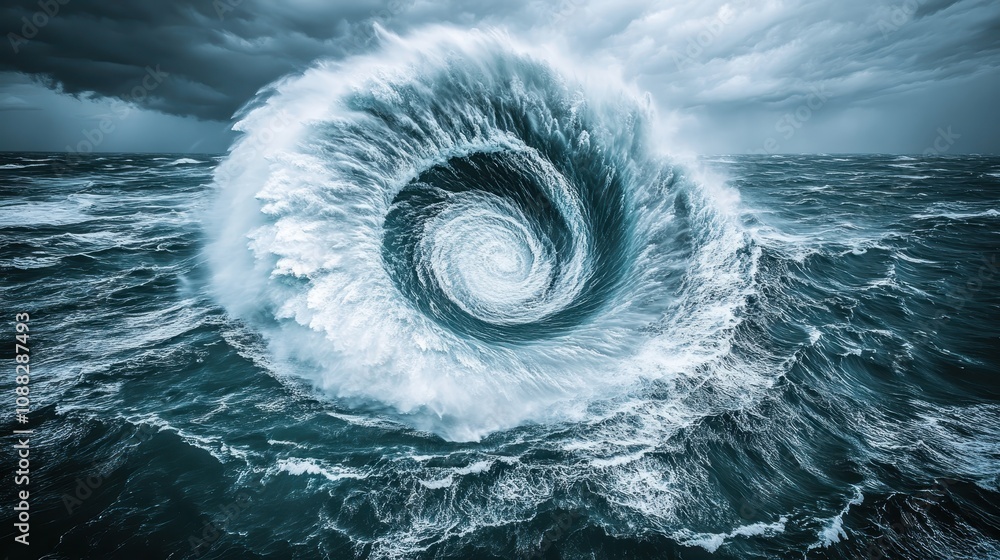 Poster a swirling vortex forms in stormy waves, creating a dramatic and powerful oceanic scene, emphasizing