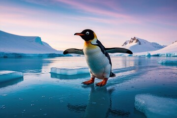 Obraz premium Playful Penguin Sliding on Ice in a Vibrant Winter Landscape
