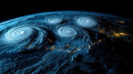 A breathtaking view of Earth showing three powerful hurricanes swirling in the atmosphere, illuminated by city lights below.