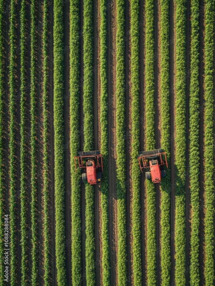 Poster robotic machines work diligently in a lush field, efficiently planting and harvesting crops under br