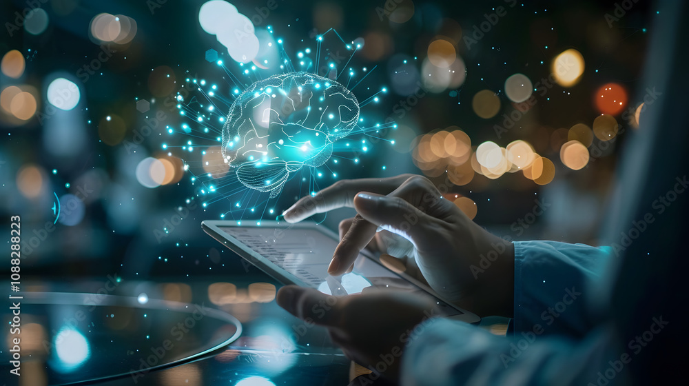 Aufkleber ai, machine learning, businessman use tablet and synchronize with structure of brain artificial inte