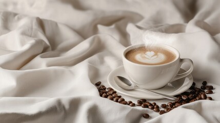 Obraz premium steaming cup of coffee rests on a soft white fabric, surrounded by coffee beans.