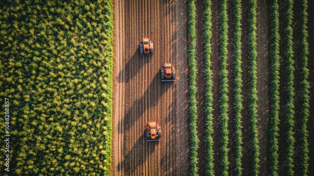 Poster robotic machines are engaged in planting crops across a large farm, showcasing the integration of te