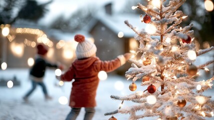 Joyful Children Playing in Snowy Christmas Wonderland with Decorated Tree and Sparkling Lights in a Cozy Winter Setting
