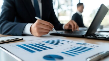 Obraz premium Businessman Analyzing Financial Data on Laptop and Charts