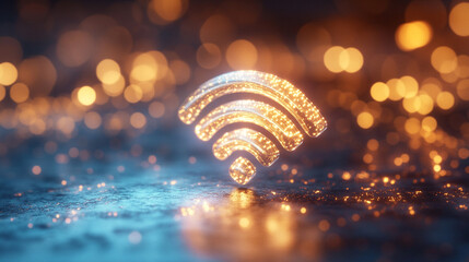3D render of a white Wi-Fi icon symbol floating on an empty blue background, representing connectivity, communication, and digital access in a modern technological world