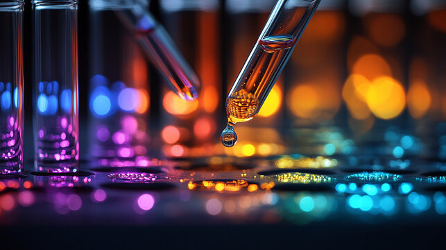 Close-up of a row of test tubes with liquid droplets inside highlighting scientific experimentation, research, and innovation in a laboratory setting