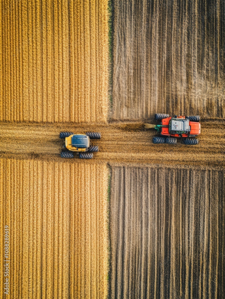 Poster robotic machines are actively engaged in planting and harvesting crops in a cultivated field under c
