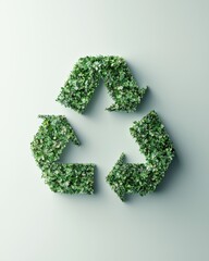 A green, leafy recycling symbol composed of plants, representing sustainability and environmental awareness against a light background.
