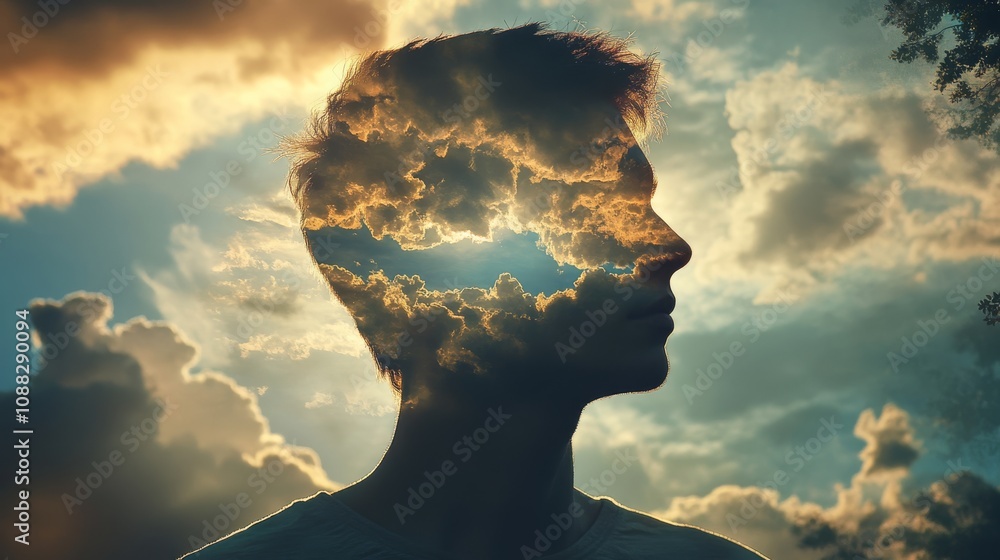 Poster a silhouette of a person with a dreamy cloudscape blending into their profile, symbolizing introspec