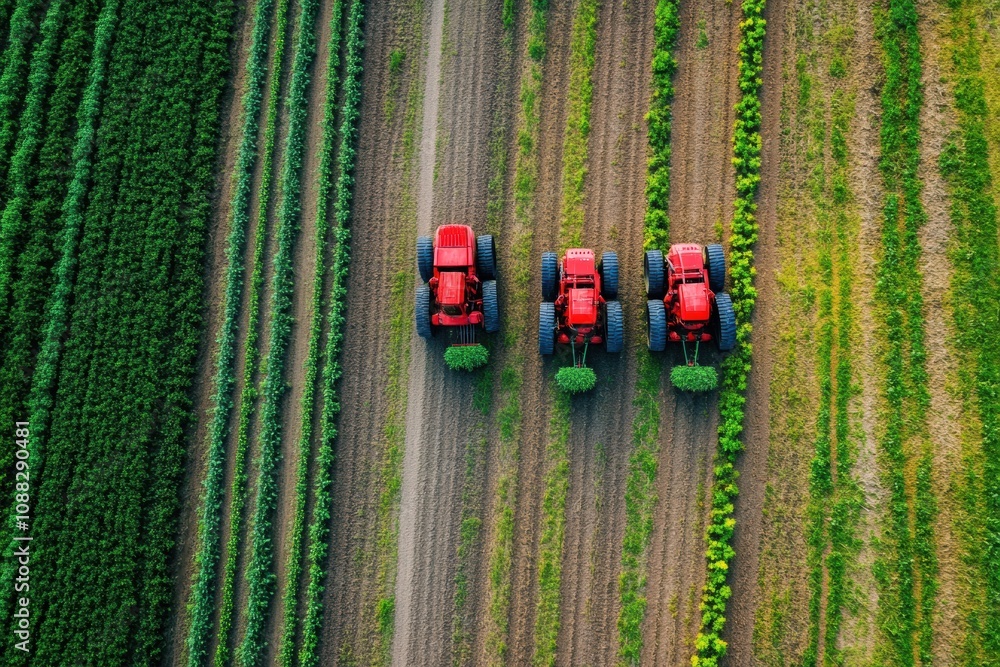 Aufkleber Robotic machines are actively working on a farm, planting crops in neat rows under clear blue skies. Generative AI