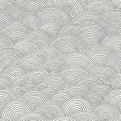 Fish-scale irregular mosaic background. Seamless Japanese style Half-circle grid dotted pattern. Oriental Asian wavy ornament. Abstract geometric monochrome vector texture. © Evgeniya Khudyakova