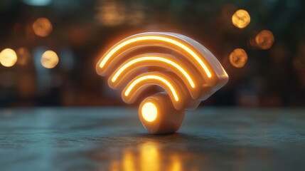 3D render of a white Wi-Fi icon symbol floating on an empty blue background, representing connectivity, communication, and digital access in a modern technological world