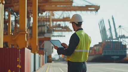 Port Engineer Using Tablet for Inspection