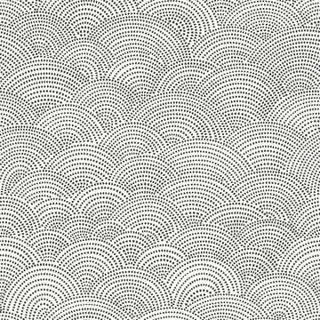 Fish-scale irregular mosaic background. Seamless Japanese style Half-circle grid dotted pattern. Oriental Asian wavy ornament. Abstract geometric monochrome vector texture.