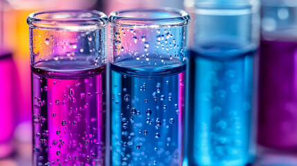 Fototapeta premium Close-up of a row of test tubes with liquid droplets inside highlighting scientific experimentation, research, and innovation in a laboratory setting
