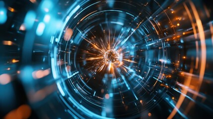 Obraz premium An extreme close-up of a high-energy particle collision captured in a particle accelerator detector, Particle physics research style, photo of