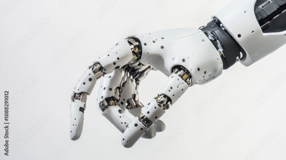 Poster An extreme close-up of a humanoid robot hand grasping an object, showcasing dexterity and fine motor skills, Robotics technology style