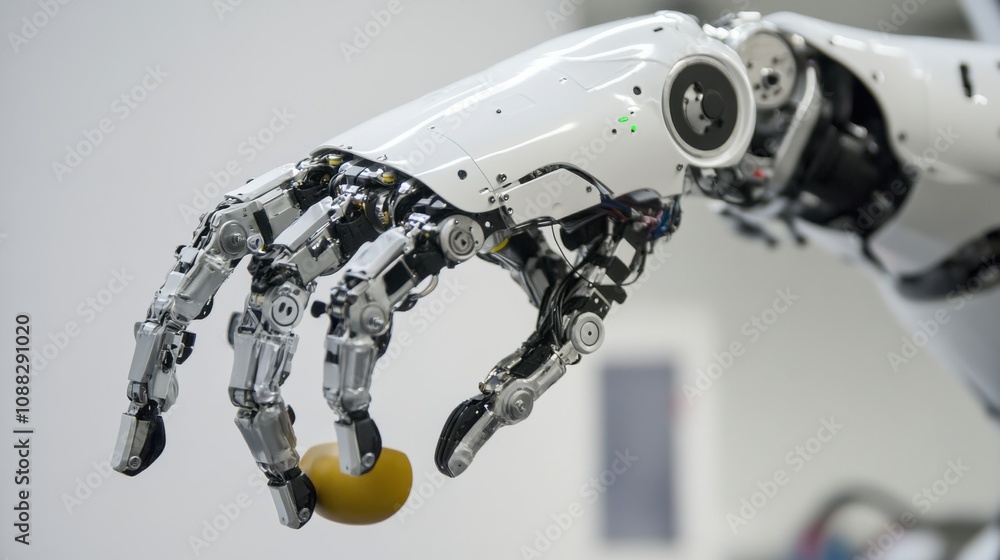 Poster An extreme close-up of a humanoid robot hand grasping an object, showcasing dexterity and fine motor skills, Robotics technology style