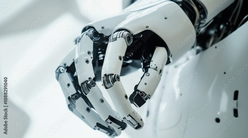 Poster An extreme close-up of a humanoid robot hand grasping an object, showcasing dexterity and fine motor skills, Robotics technology style