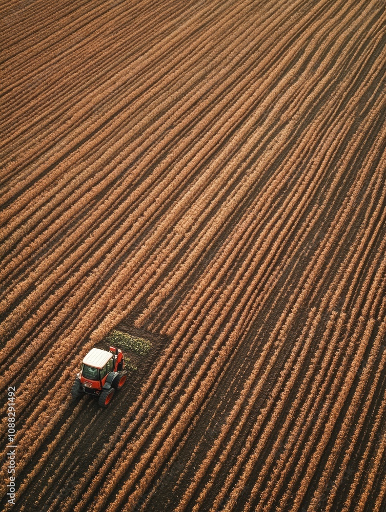 Poster Robotic machines operate on a vast farm, planting or harvesting crops across neatly arranged rows during sunset, enhancing efficiency. Generative AI