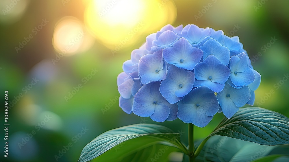 Poster soft blue hydrangea bloom in sunlight. this photo is perfect for adding a touch of beauty and sereni