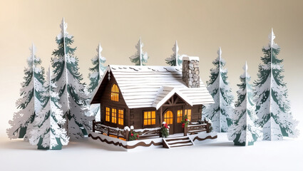 Fototapeta premium 3D pop up Christmas and New Year card featuring a serene 2d Snowy Cabin in the 2d Woods: a rustic, wooden cabin with a gently sloping roof, adorned with festive winter decoration