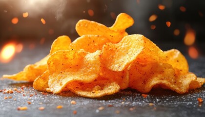 Close up of crispy potato chips. A perfect image for food and snack related content, advertising, or packaging design.