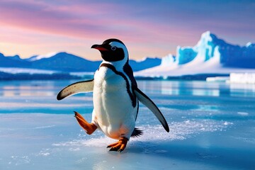 Fototapeta premium Joyful Penguin Ice Sliding in Colorful Winter Wonderland