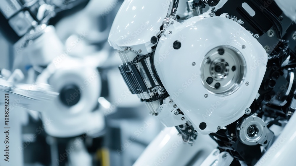 Poster An extreme close-up of a humanoid robot's energy-efficient actuators and motors, showcasing robust mechanical performance and power conservation, Robotics technology style