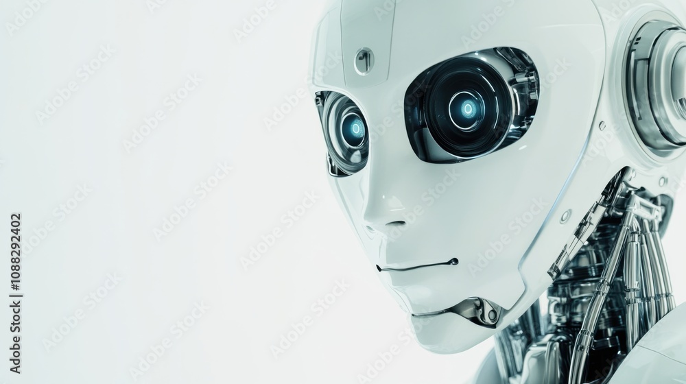 Poster An extreme close-up of a humanoid robot's facial recognition camera system, demonstrating advanced biometric identification capabilities, Robotics technology style