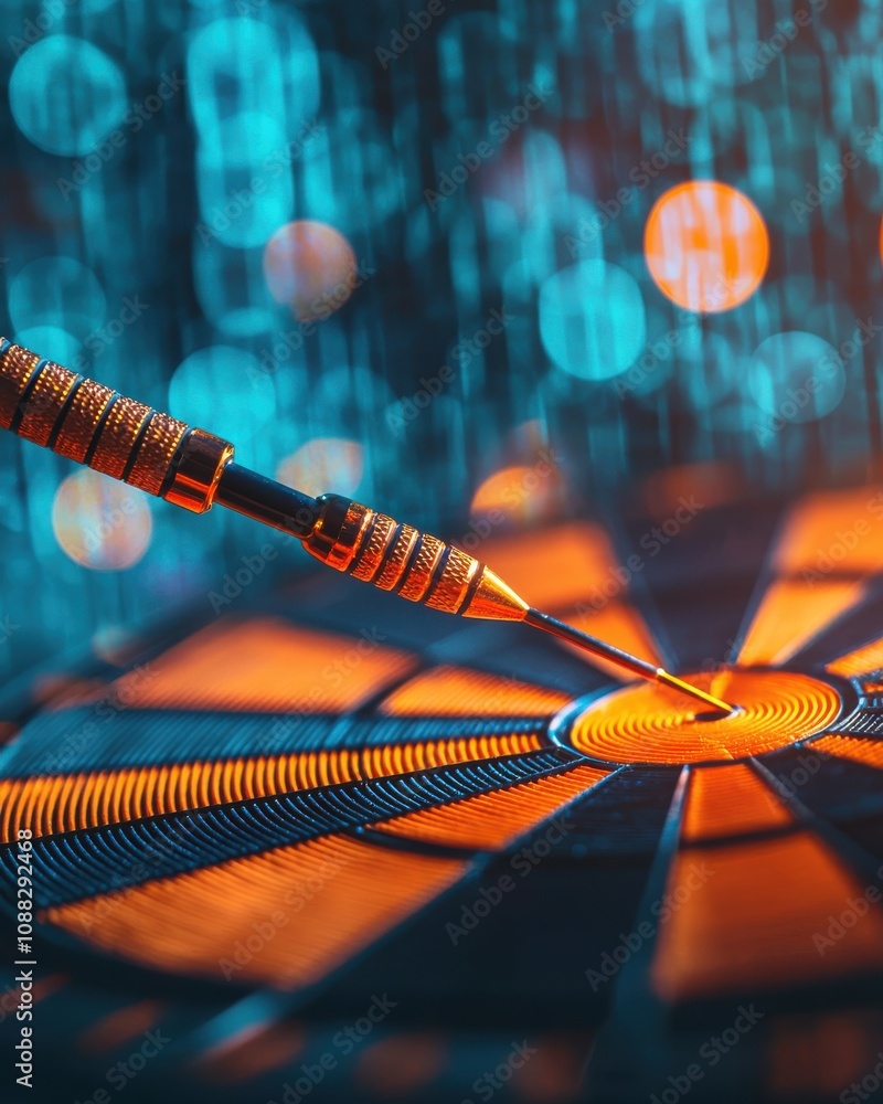 Poster a close-up image of a dart pointing at the bullseye on a dartboard, with a vibrant blue and orange b