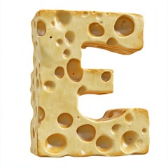 A three-dimensional letter "E" designed to look like a block of cheese with holes.