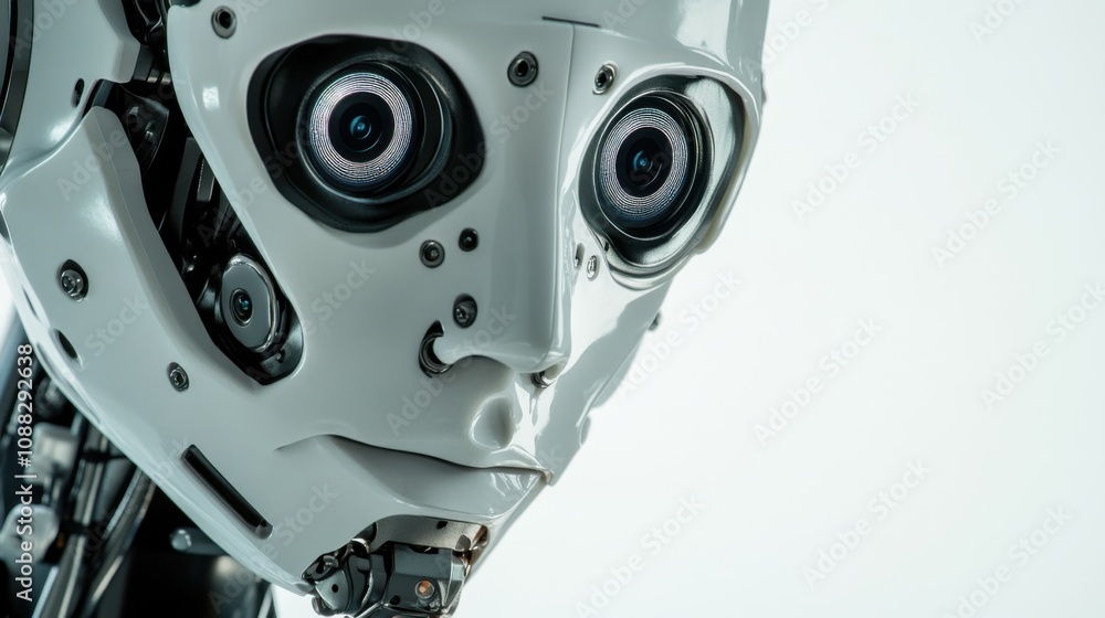 Aufkleber an extreme close-up of a humanoid robot's facial recognition camera, demonstrating biometric identif