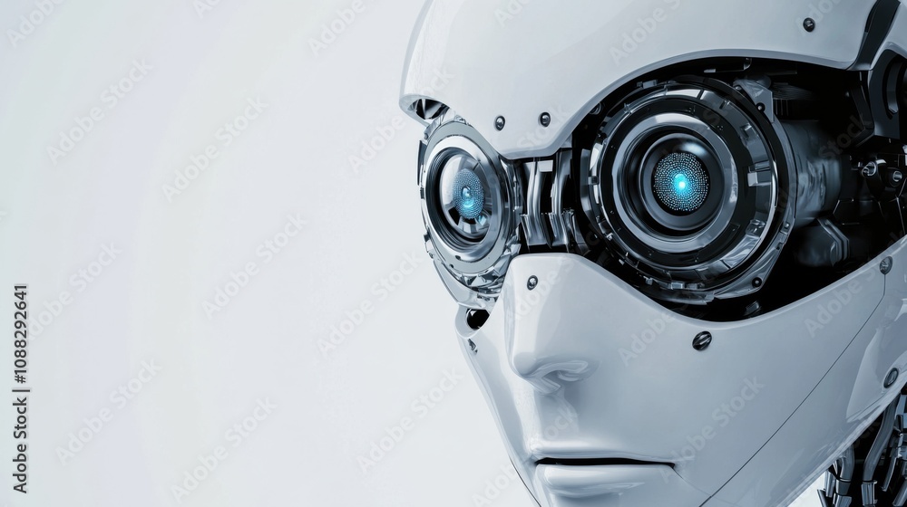 Aufkleber An extreme close-up of a humanoid robot's facial recognition camera, demonstrating biometric identification and security features, Robotics technology style