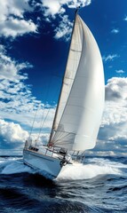 Experience the Thrill of Adventure on the Open Water: A Majestic Sailboat Navigating Through Waves Under a Vast Blue Sky