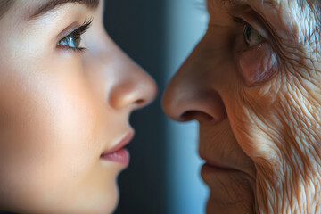 Close-up of a young girl and elderly woman's faces in profile, showcasing generational contrast