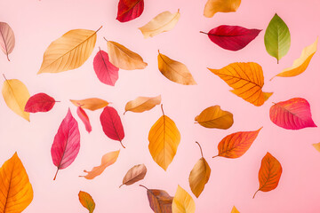 Obraz premium Falling autumn leaves isolated on pink background.
