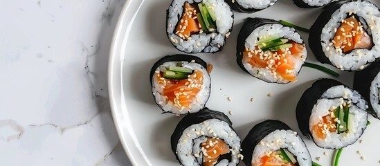 Sushi Rolls with Salmon and Cucumber on a White Plate