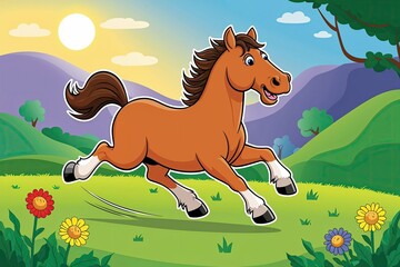 Vibrant Cartoon Horse Running in Sunny Meadow Landscape