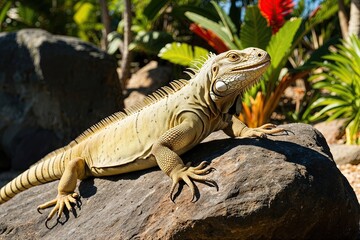 Obraz premium Iguana Sunbathing on a Rock in a Lush Tropical Environment