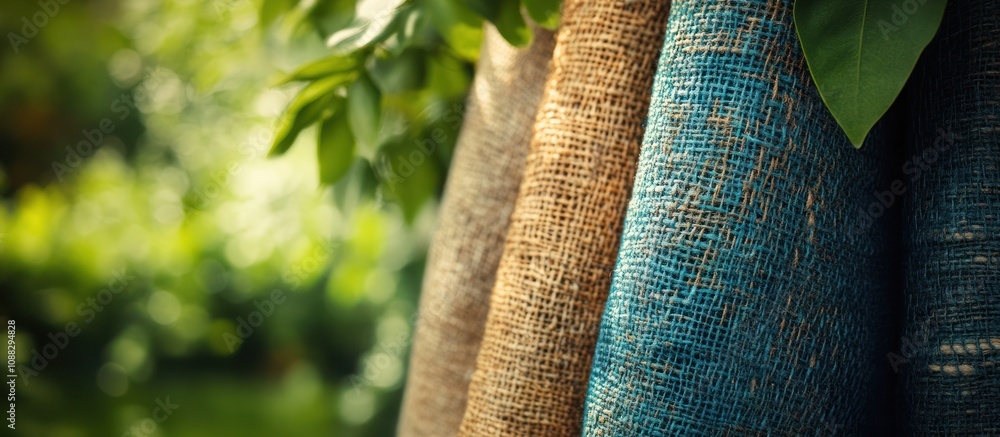 Poster close up of three different colored fabric rolls hanging from a tree branch.