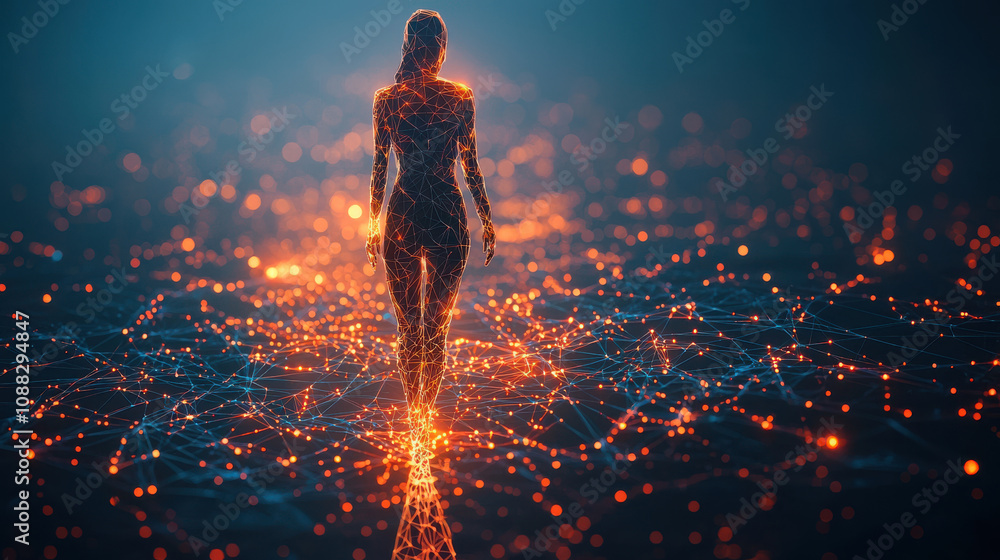 Poster futuristic wireframe human figure illuminated by glowing particles, creating mesmerizing visual effe