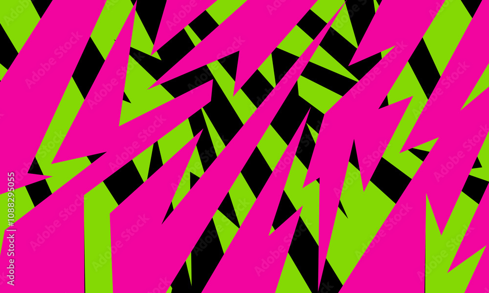 Poster a bold abstract design featuring sharp, jagged shapes in vibrant pink, green, and black, creating a 