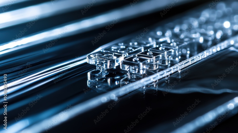 Poster An extreme close-up of a microfluidic device manipulating tiny volumes of fluid for biomedical applications, Microfluidics technology style, photo of