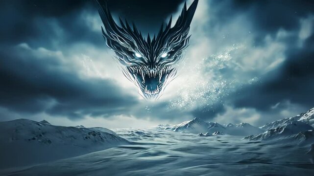 Mystical dragon head materializes through swirling aurora-lit clouds above desolate frozen landscape. Ethereal blue lighting illuminates jagged ice formations below. 