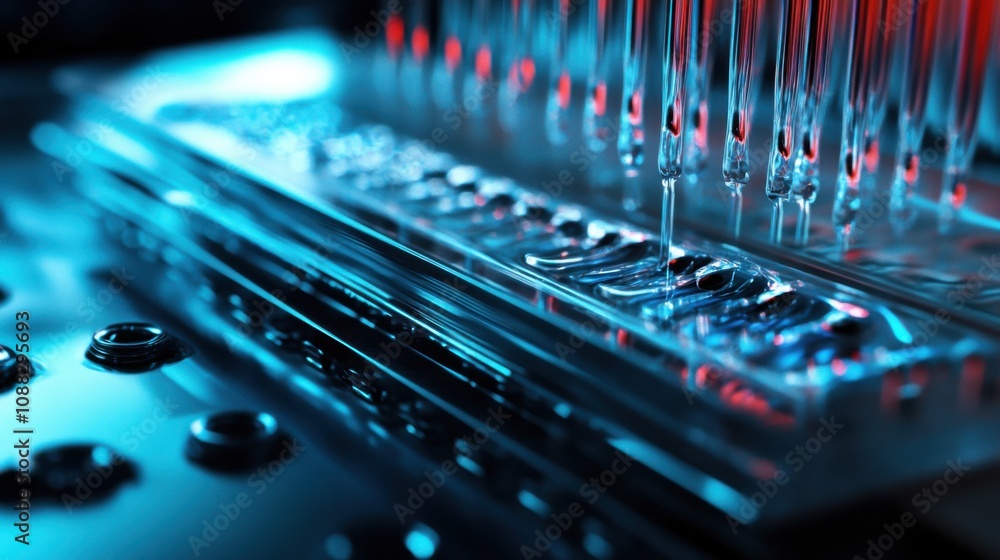 Poster An extreme close-up of a microfluidic device manipulating tiny volumes of fluid for biomedical applications, Microfluidics technology style, photo of